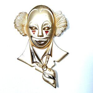 Vintage Clown Bust Brooch Goldtone Matt Polished 3"